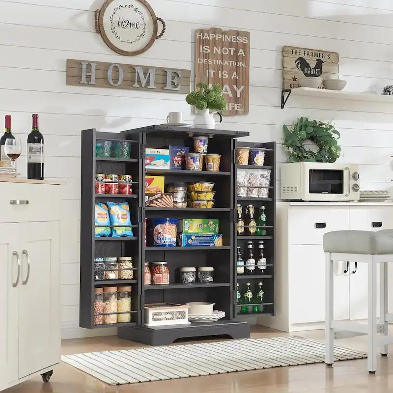 47" Farmhouse Kitchen Pantry Cabinet with Double Barn Doors – Rustic Grey / Blue / Black / White / Brown