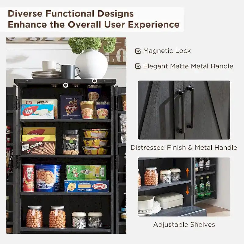 47" Farmhouse Kitchen Pantry Cabinet with Double Barn Doors – Rustic Grey / Blue / Black / White / Brown