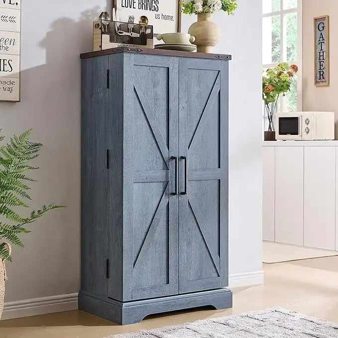 47" Farmhouse Kitchen Pantry Cabinet with Double Barn Doors – Rustic Grey / Blue / Black / White / Brown