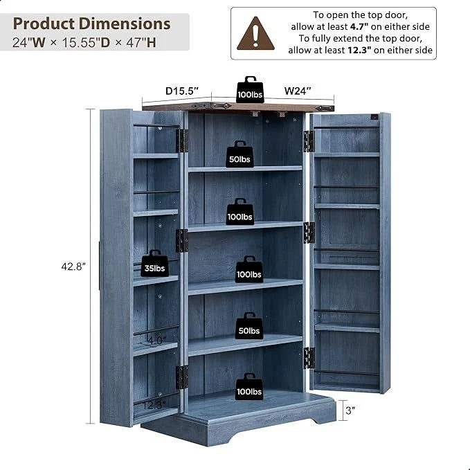 47" Farmhouse Kitchen Pantry Cabinet with Double Barn Doors – Rustic Grey / Blue / Black / White / Brown
