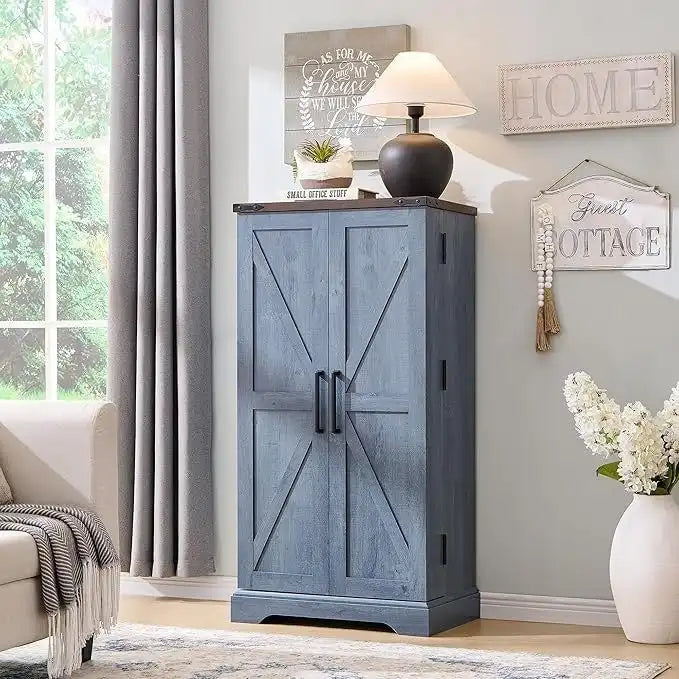 47" Farmhouse Kitchen Pantry Cabinet with Double Barn Doors – Rustic Grey / Blue / Black / White / Brown