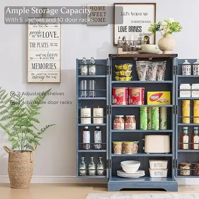 47" Farmhouse Kitchen Pantry Cabinet with Double Barn Doors – Rustic Grey / Blue / Black / White / Brown