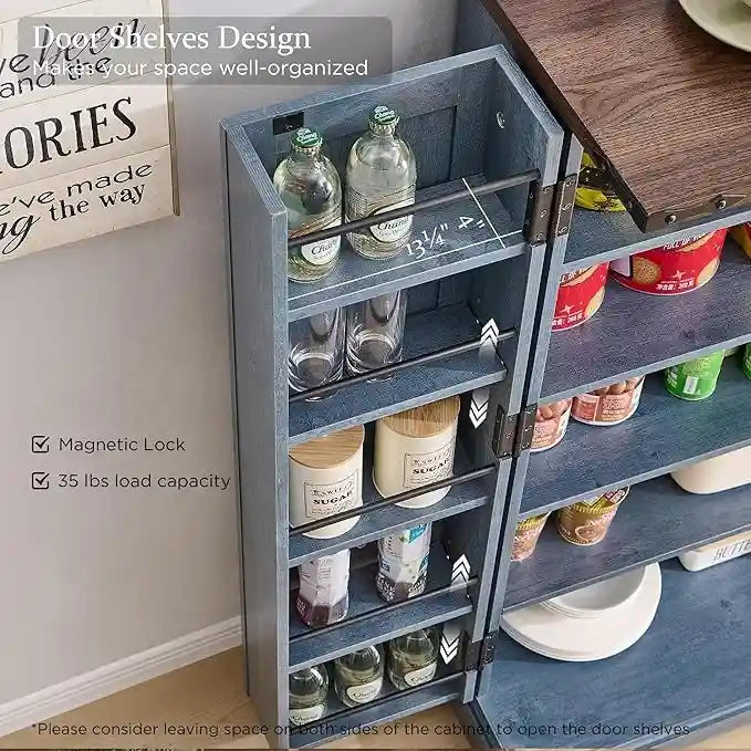 47" Farmhouse Kitchen Pantry Cabinet with Double Barn Doors – Rustic Grey / Blue / Black / White / Brown