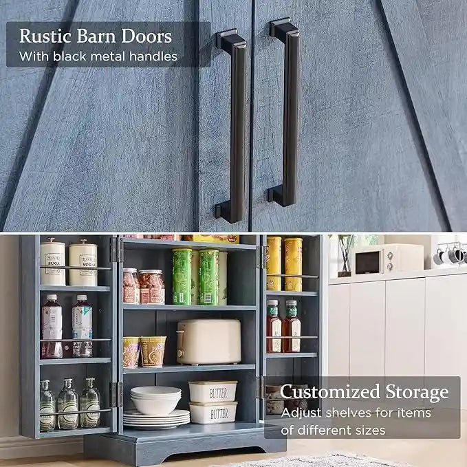 47" Farmhouse Kitchen Pantry Cabinet with Double Barn Doors – Rustic Grey / Blue / Black / White / Brown