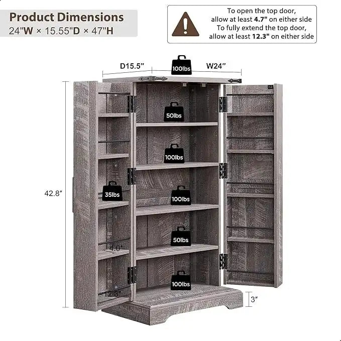 47" Farmhouse Kitchen Pantry Cabinet with Double Barn Doors – Rustic Grey / Blue / Black / White / Brown