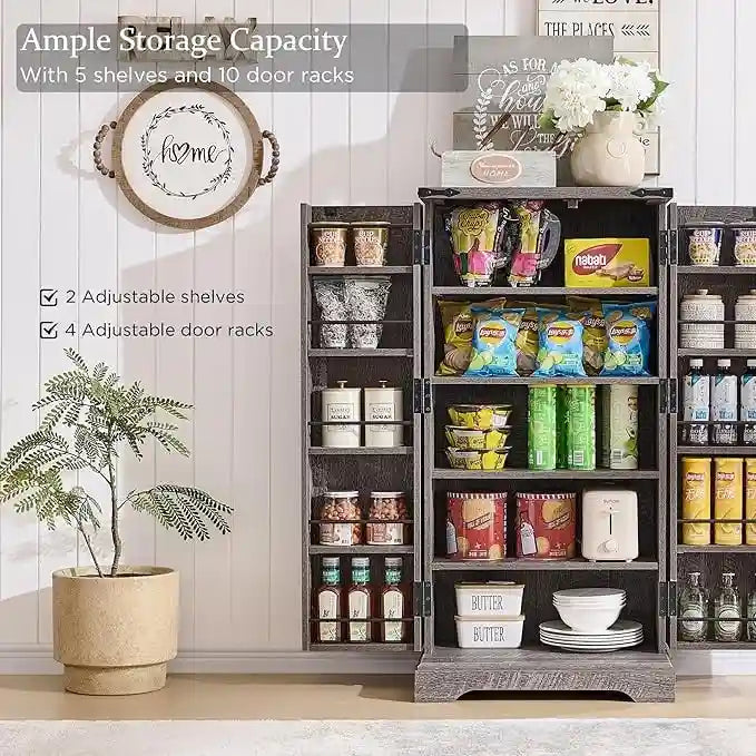 47" Farmhouse Kitchen Pantry Cabinet with Double Barn Doors – Rustic Grey / Blue / Black / White / Brown