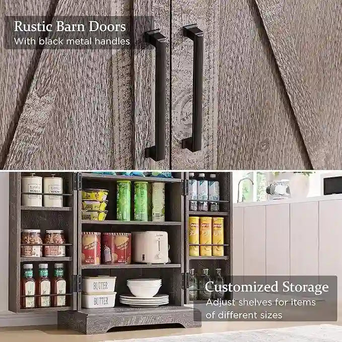 47" Farmhouse Kitchen Pantry Cabinet with Double Barn Doors – Rustic Grey / Blue / Black / White / Brown