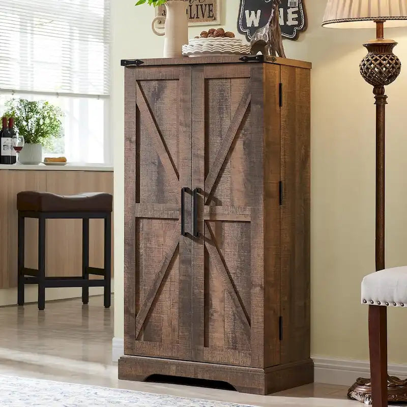47" Farmhouse Kitchen Pantry Cabinet with Double Barn Doors – Rustic Grey / Blue / Black / White / Brown
