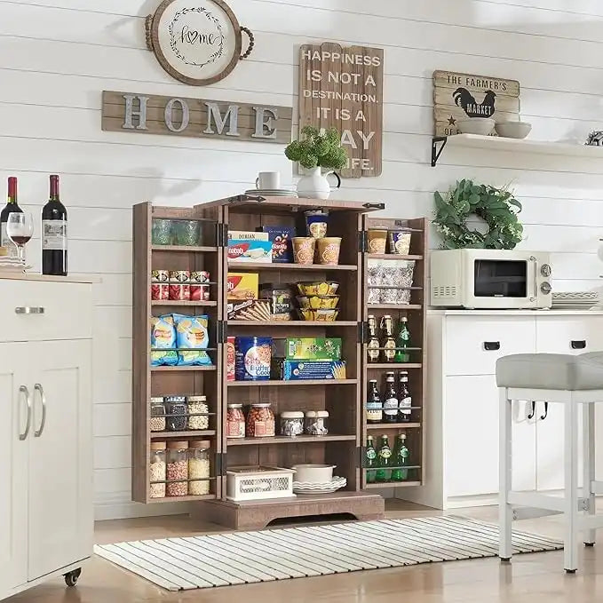 47" Farmhouse Kitchen Pantry Cabinet with Double Barn Doors – Rustic Grey / Blue / Black / White / Brown
