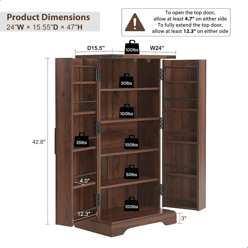47" Farmhouse Kitchen Pantry Cabinet with Double Barn Doors – Rustic Grey / Blue / Black / White / Brown
