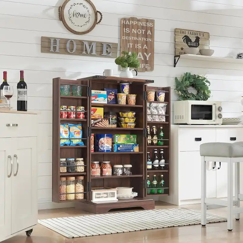 47" Farmhouse Kitchen Pantry Cabinet with Double Barn Doors – Rustic Grey / Blue / Black / White / Brown