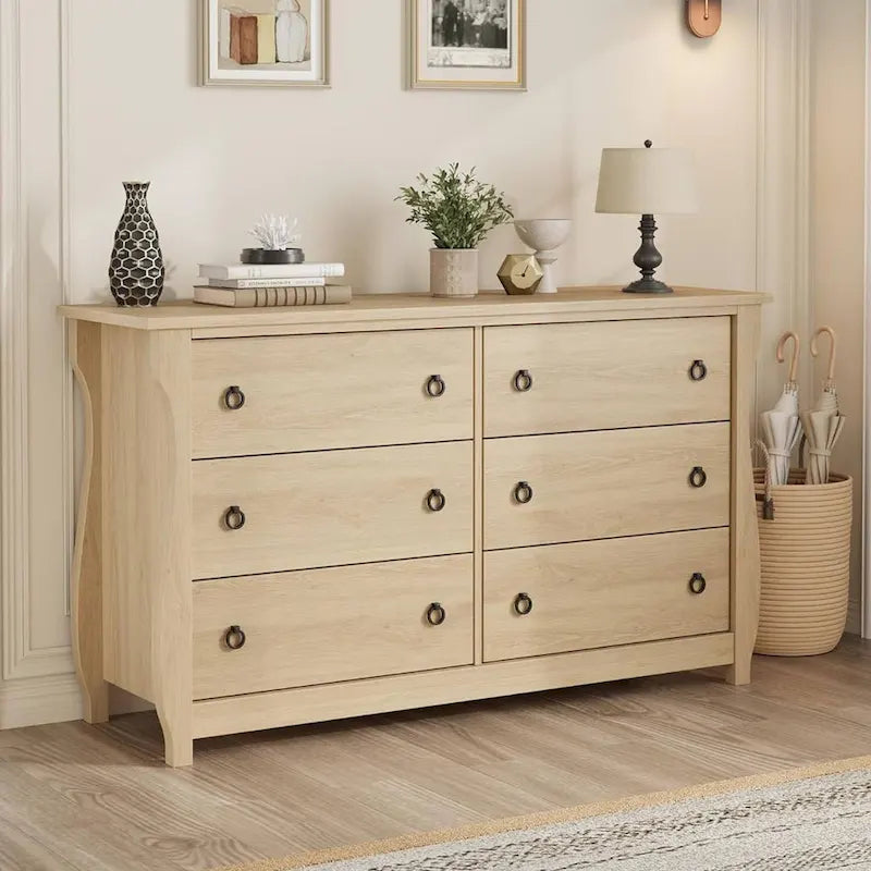 White 6-Drawer Dresser, Curved Leg, Rattan Accent, 1-Person