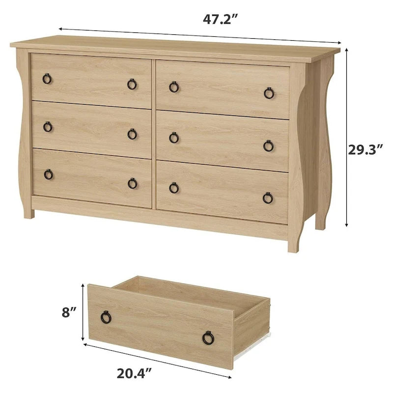 White 6-Drawer Dresser, Curved Leg, Rattan Accent, 1-Person
