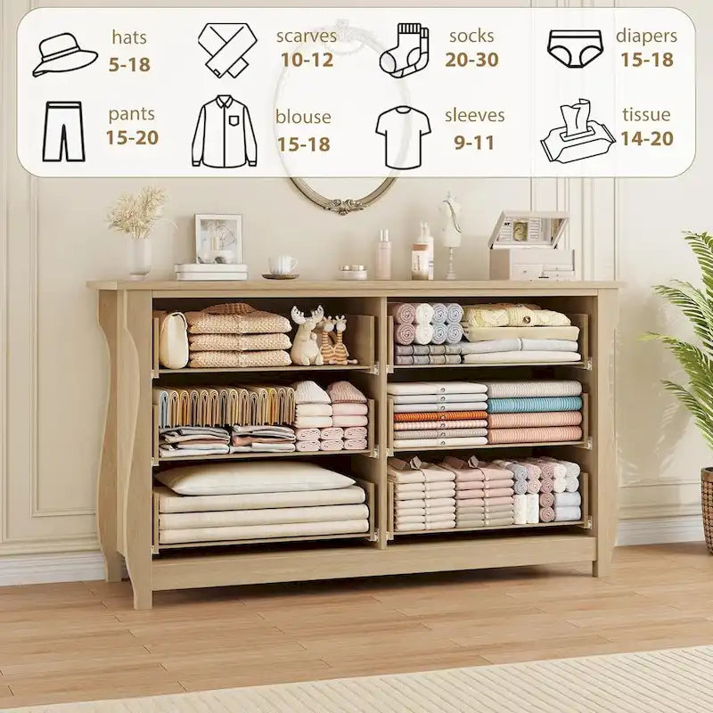 White 6-Drawer Dresser, Curved Leg, Rattan Accent, 1-Person