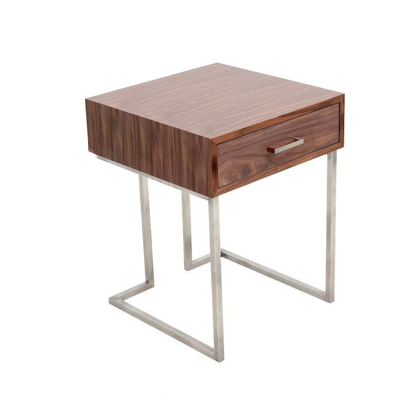 Walnut & Stainless Steel End Table with Drawer, 1-Person Side Table