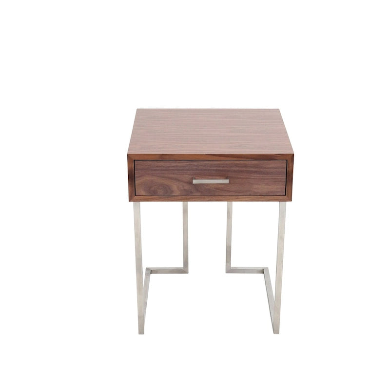 Walnut & Stainless Steel End Table with Drawer, 1-Person Side Table