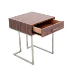 Walnut & Stainless Steel End Table with Drawer, 1-Person Side Table
