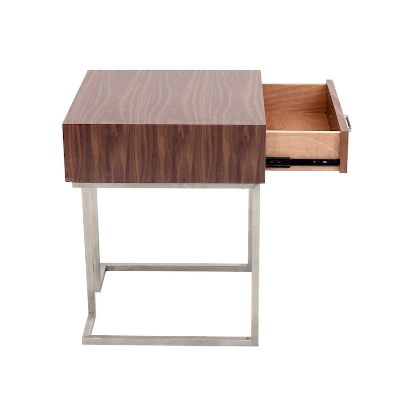 Walnut & Stainless Steel End Table with Drawer, 1-Person Side Table