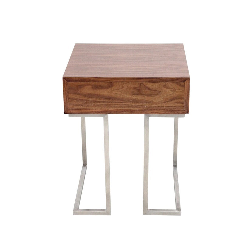 Walnut & Stainless Steel End Table with Drawer, 1-Person Side Table