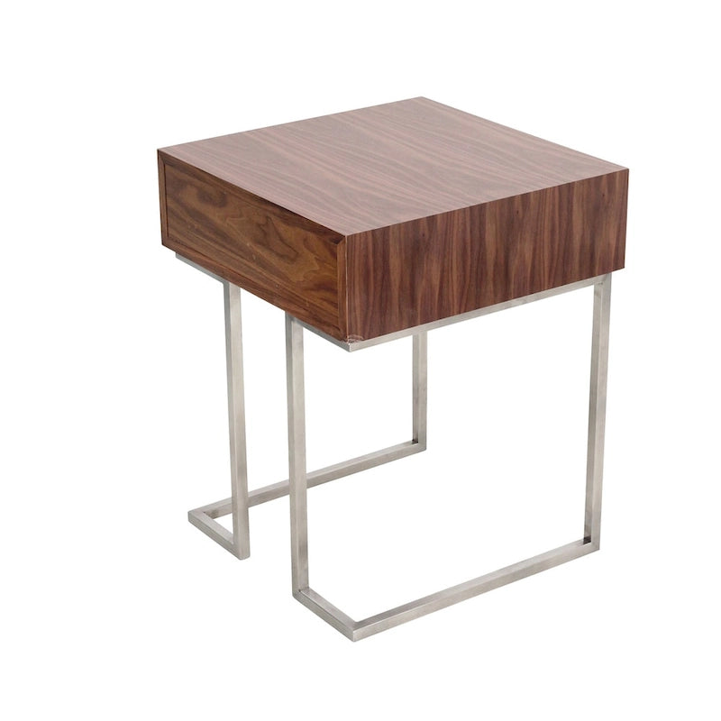 Walnut & Stainless Steel End Table with Drawer, 1-Person Side Table