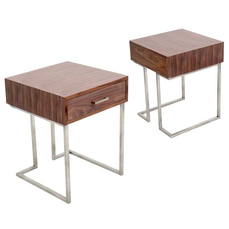 Walnut & Stainless Steel End Table with Drawer, 1-Person Side Table