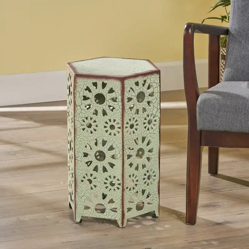 Green / Teal / Blue Crackle Iron Side Table, Sunburst Design, 1-Person