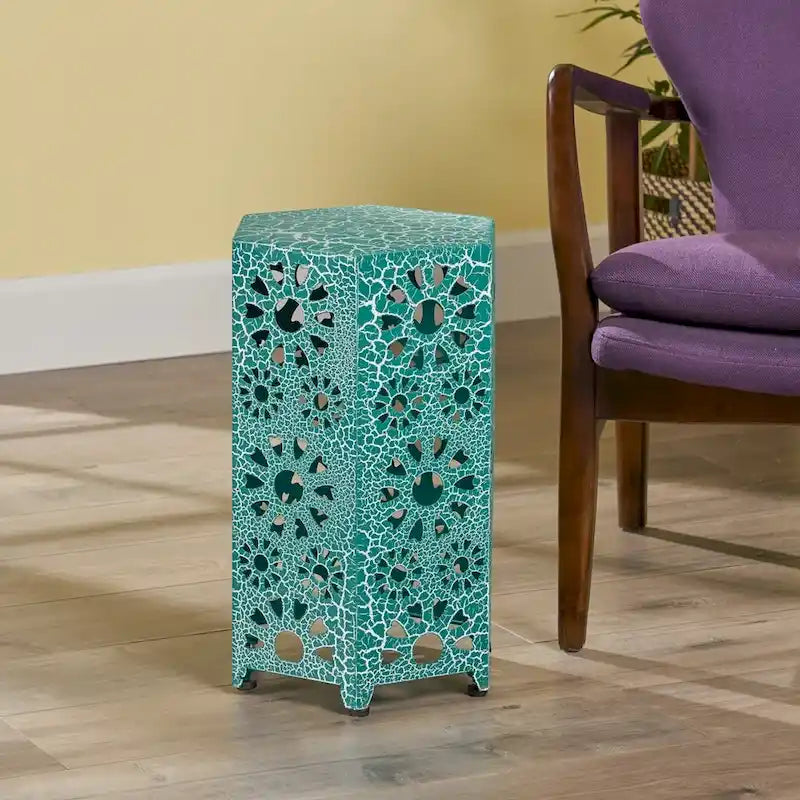 Green / Teal / Blue Crackle Iron Side Table, Sunburst Design, 1-Person