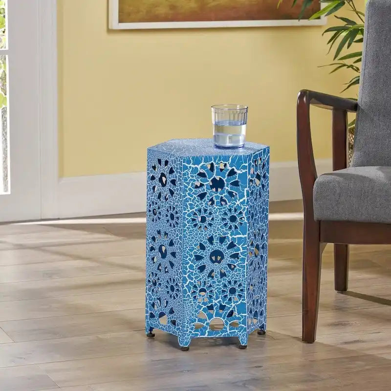Green / Teal / Blue Crackle Iron Side Table, Sunburst Design, 1-Person
