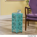 Green / Teal / Blue Crackle Iron Side Table, Sunburst Design, 1-Person