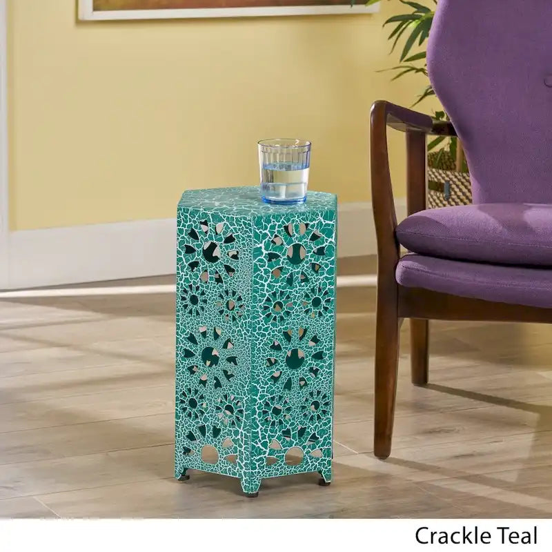 Green / Teal / Blue Crackle Iron Side Table, Sunburst Design, 1-Person