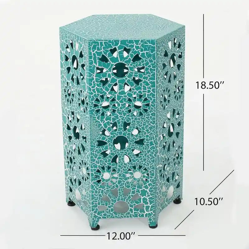 Green / Teal / Blue Crackle Iron Side Table, Sunburst Design, 1-Person
