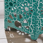 Green / Teal / Blue Crackle Iron Side Table, Sunburst Design, 1-Person