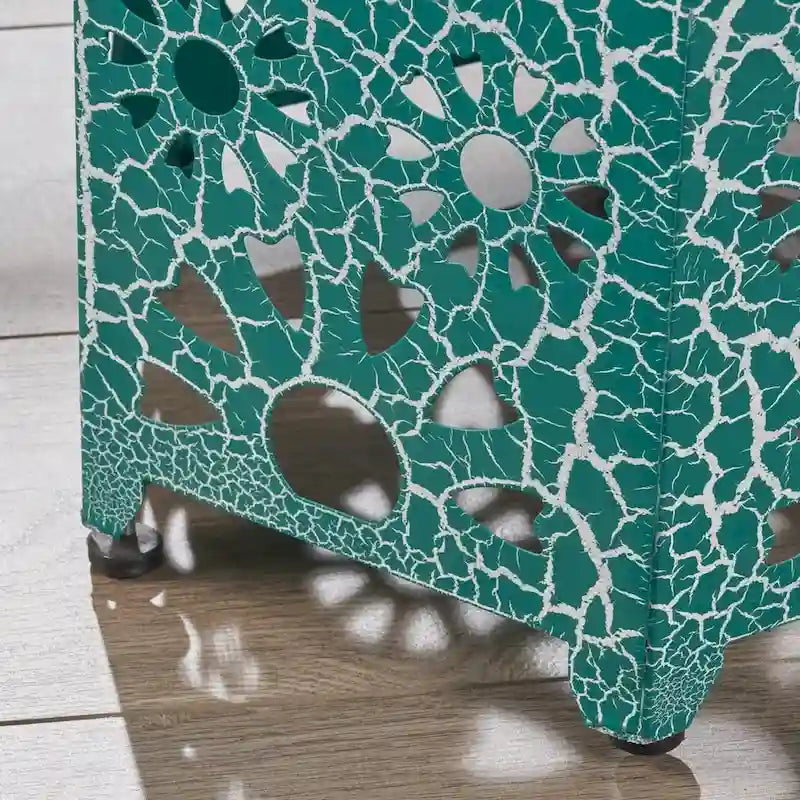 Green / Teal / Blue Crackle Iron Side Table, Sunburst Design, 1-Person