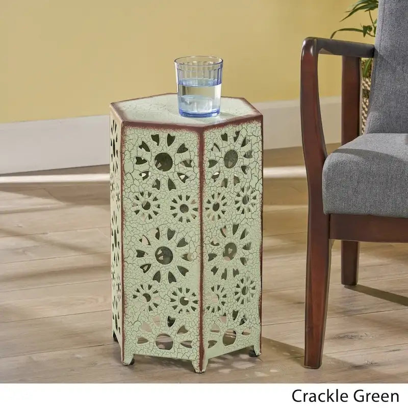 Green / Teal / Blue Crackle Iron Side Table, Sunburst Design, 1-Person