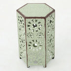 Green / Teal / Blue Crackle Iron Side Table, Sunburst Design, 1-Person