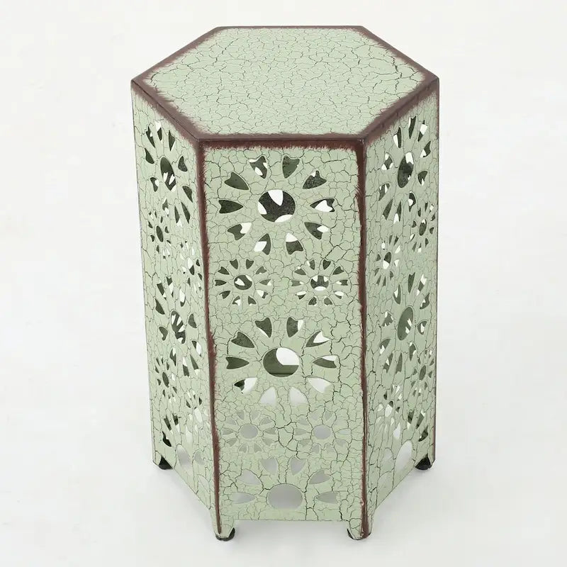 Green / Teal / Blue Crackle Iron Side Table, Sunburst Design, 1-Person