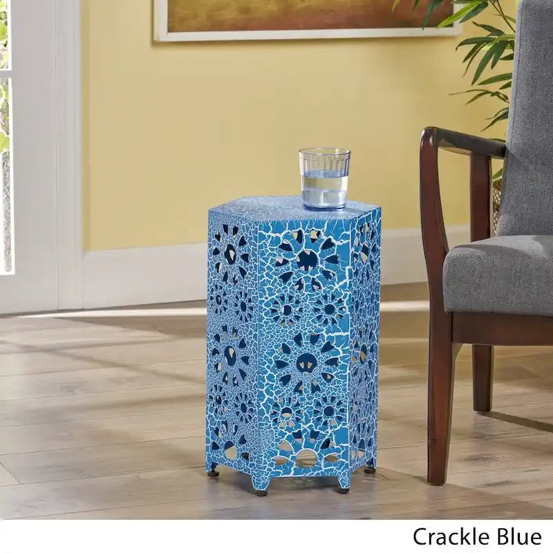 Green / Teal / Blue Crackle Iron Side Table, Sunburst Design, 1-Person