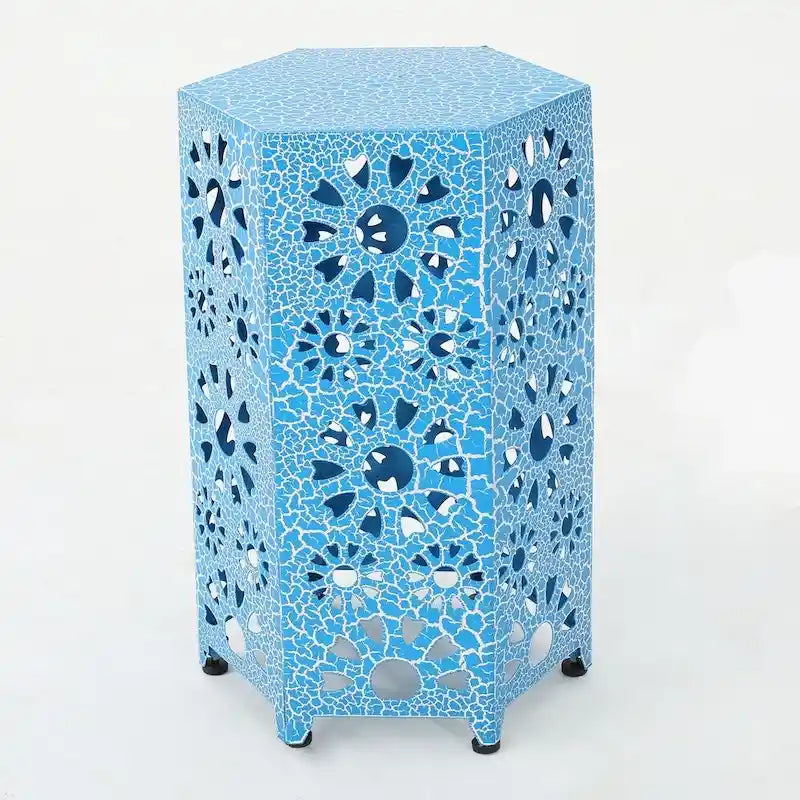 Green / Teal / Blue Crackle Iron Side Table, Sunburst Design, 1-Person