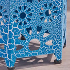 Green / Teal / Blue Crackle Iron Side Table, Sunburst Design, 1-Person