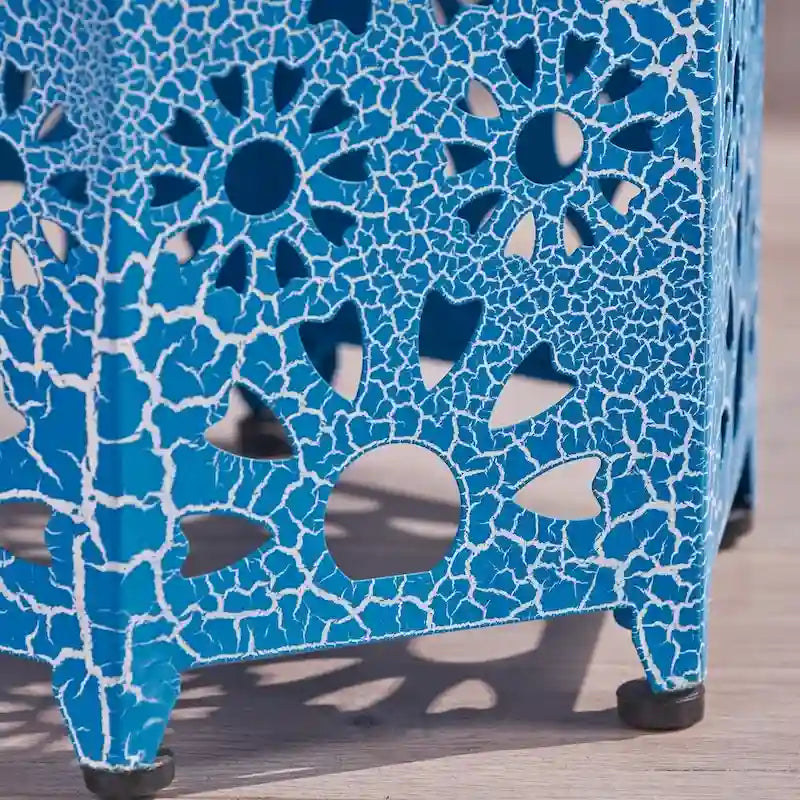 Green / Teal / Blue Crackle Iron Side Table, Sunburst Design, 1-Person