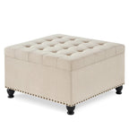 Linen / Black PU / Beige / Dark Gray Square Storage Ottoman with Wooden Legs, Seats 1