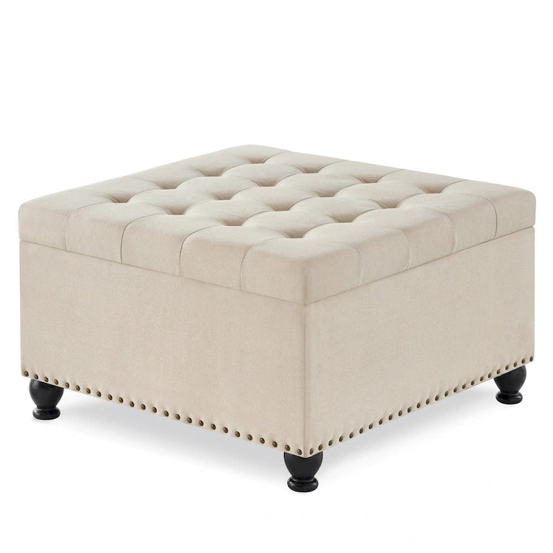 Linen / Black PU / Beige / Dark Gray Square Storage Ottoman with Wooden Legs, Seats 1