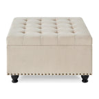 Linen / Black PU / Beige / Dark Gray Square Storage Ottoman with Wooden Legs, Seats 1