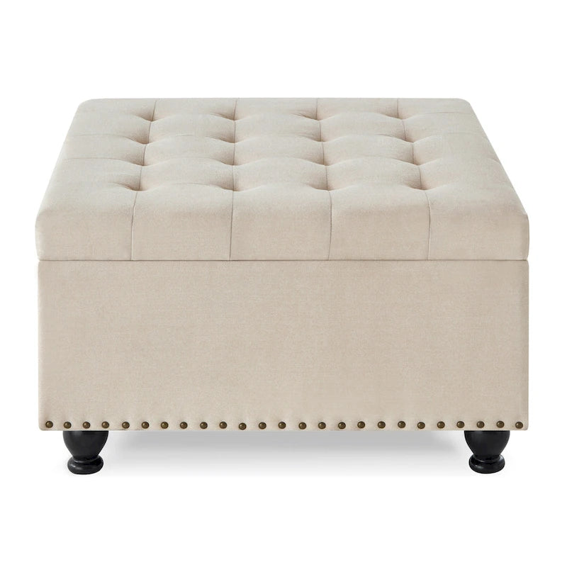Linen / Black PU / Beige / Dark Gray Square Storage Ottoman with Wooden Legs, Seats 1