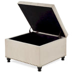 Linen / Black PU / Beige / Dark Gray Square Storage Ottoman with Wooden Legs, Seats 1