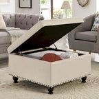 Linen / Black PU / Beige / Dark Gray Square Storage Ottoman with Wooden Legs, Seats 1