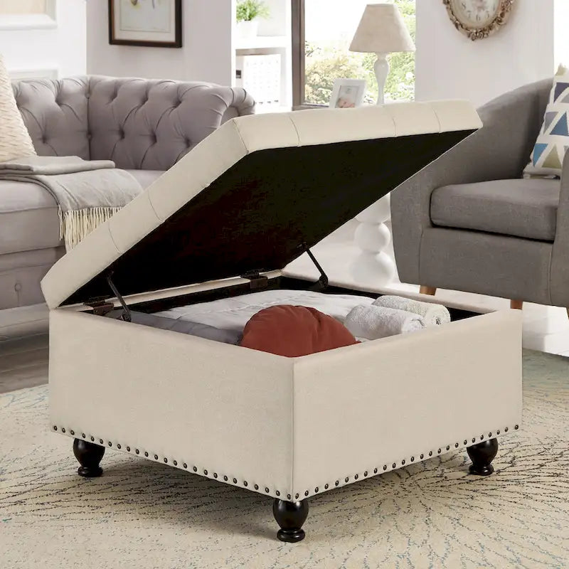 Linen / Black PU / Beige / Dark Gray Square Storage Ottoman with Wooden Legs, Seats 1