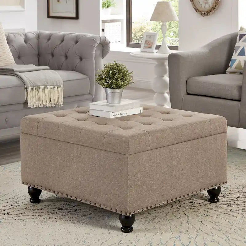 Linen / Black PU / Beige / Dark Gray Square Storage Ottoman with Wooden Legs, Seats 1