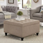 Linen / Black PU / Beige / Dark Gray Square Storage Ottoman with Wooden Legs, Seats 1