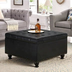 Linen / Black PU / Beige / Dark Gray Square Storage Ottoman with Wooden Legs, Seats 1